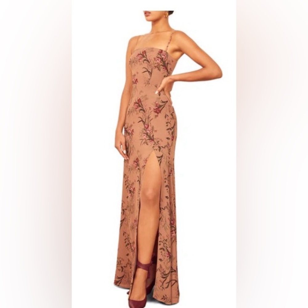 Reformation Floral Dress in Tan and Red